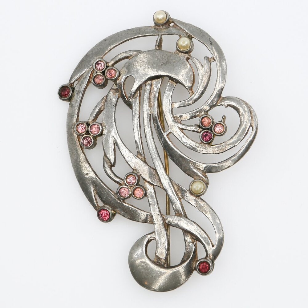 Vintage Pot Metal Swirl Pink Rhinestones Simulated‎ Pearls Brooch 1930s